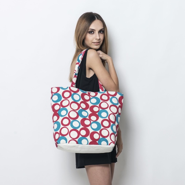 Spring Special Red and Blue Circles Print Canvas Tote (13x5x14 in)